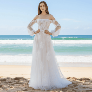 Off Shoulder Long Sleeve Boho Wedding Dress Bridal Gown - Rosymae