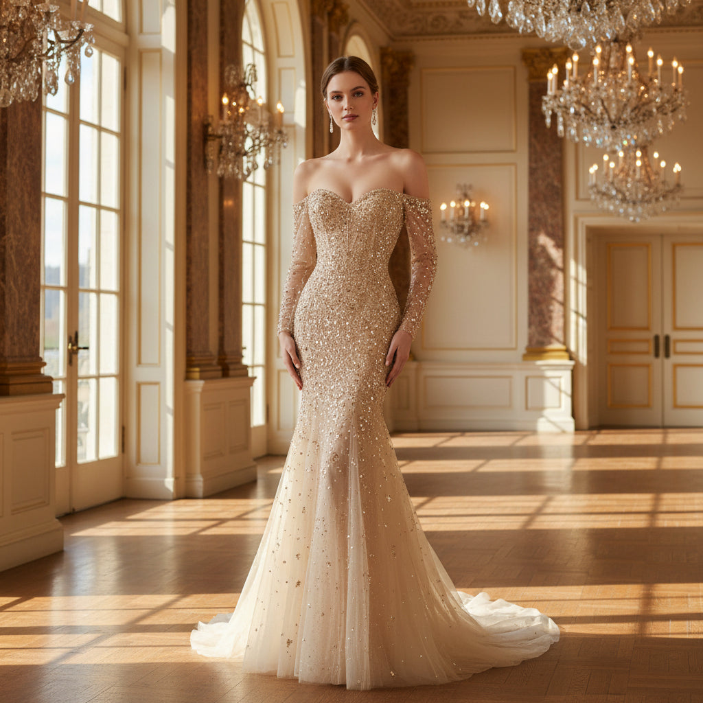 Off the Shoulder Gold Sparkle Wedding Dress with Detachable Train Gold / Custom Size Off the Shoulder Gold Sparkle Wedding Dress with Detachable Train Gold / Custom Size