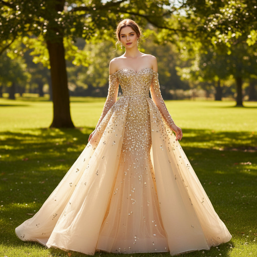 Off the Shoulder Gold Sparkle Wedding Dress with Detachable Train Gold / Custom Size Off the Shoulder Gold Sparkle Wedding Dress with Detachable Train Gold / Custom Size