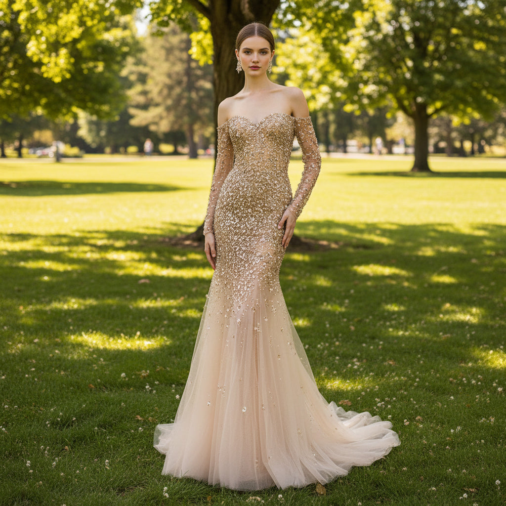 Off the Shoulder Gold Sparkle Wedding Dress with Detachable Train Rosymae Off the Shoulder Gold Sparkle Wedding Dress with Detachable Train Rosymae