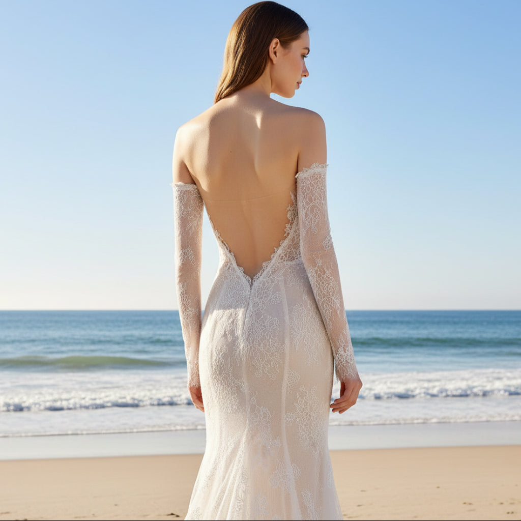 Off Shoulder Long Sleeve Mermaid Lace Wedding Dress Backless White / 2 Off Shoulder Long Sleeve Mermaid Lace Wedding Dress Backless White / 2