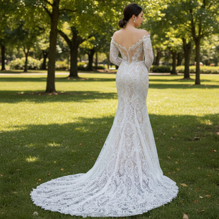 Off the Shoulder Lace Mermaid Wedding Dress with Long Sleeve
