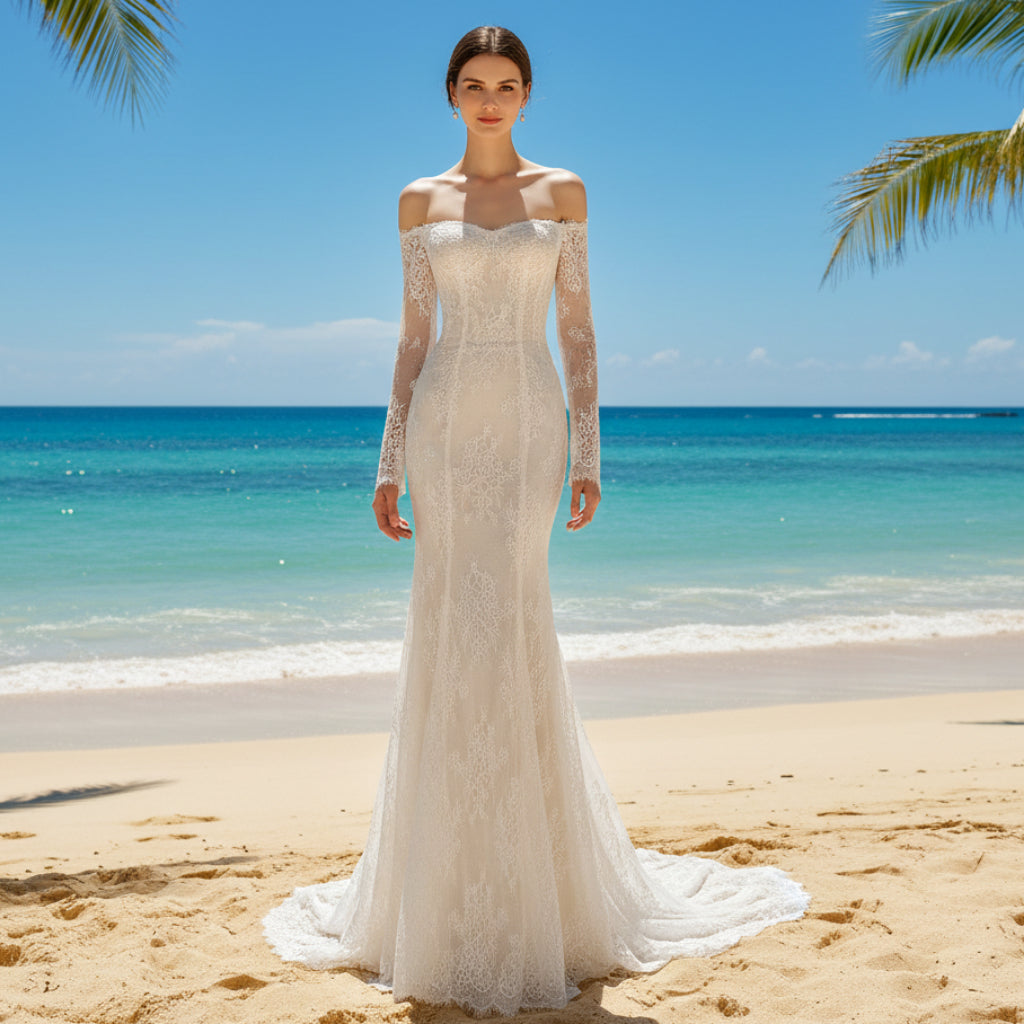 Off Shoulder Long Sleeve Mermaid Lace Wedding Dress Backless White / 2 Off Shoulder Long Sleeve Mermaid Lace Wedding Dress Backless White / 2