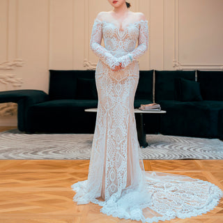 Off the Shoulder Lace Mermaid Wedding Dress with Long Sleeve