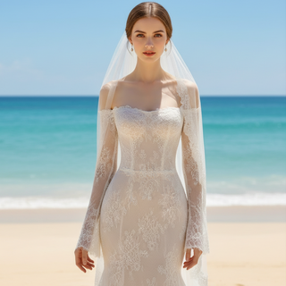 Vestido de novia de encaje de sirena de manga larga con hombros descubiertos sin espalda