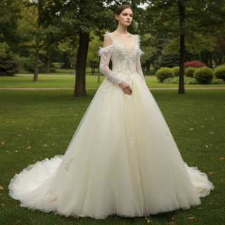 Ball Gown Sheer Long Sleeves Tulle Bride Wedding Dress