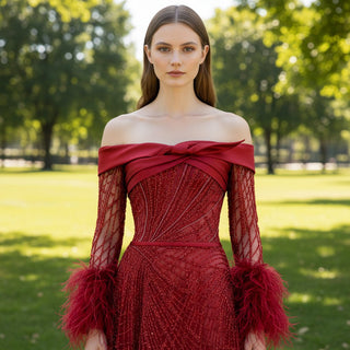 Off Shoulder Long Sleeve Leg Slit Red Evening Party Dress with Feather - Rosymae