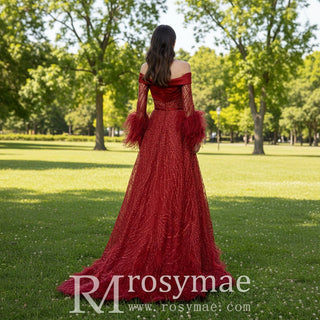 Off Shoulder Long Sleeve Leg Slit Red Evening Party Dress with Feather - Rosymae