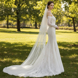 Off Shoulder Long Sleeve Mermaid Lace Wedding Dress Backless - Rosymae