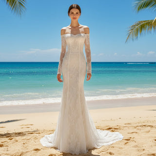 Off Shoulder Long Sleeve Mermaid Lace Wedding Dress Backless - Rosymae