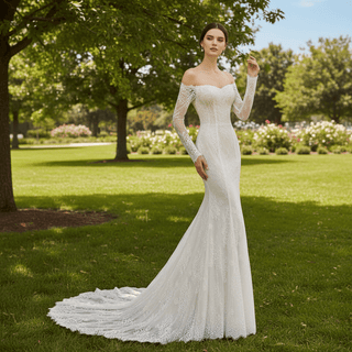 Off Shoulder Long Sleeve Mermaid Lace Wedding Dress Backless - Rosymae