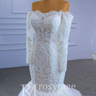 Off Shoulder Long Sleeve Mermaid Wedding Dress Beaded Lace Bridal Dress - Rosymae