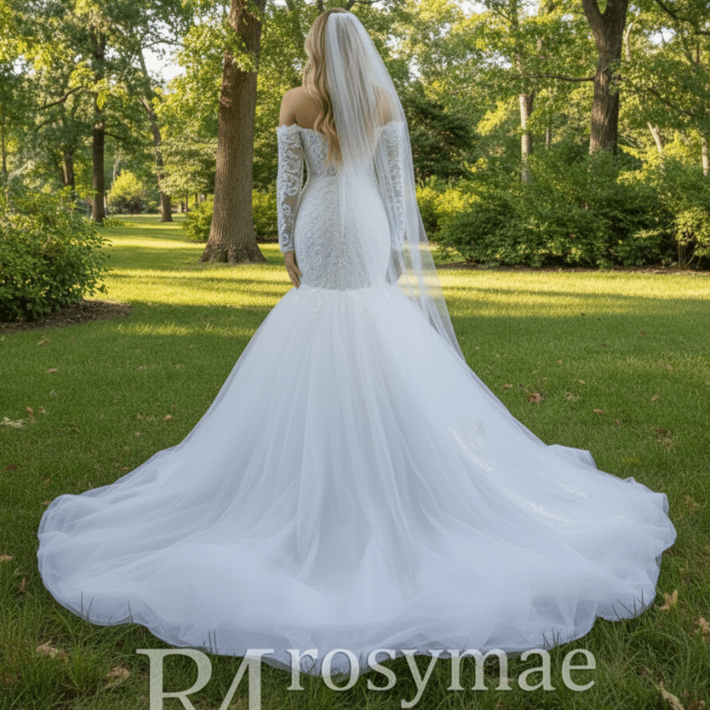 Off Shoulder Long Sleeve Mermaid Wedding Dress Beaded Lace Bridal Dress - Rosymae