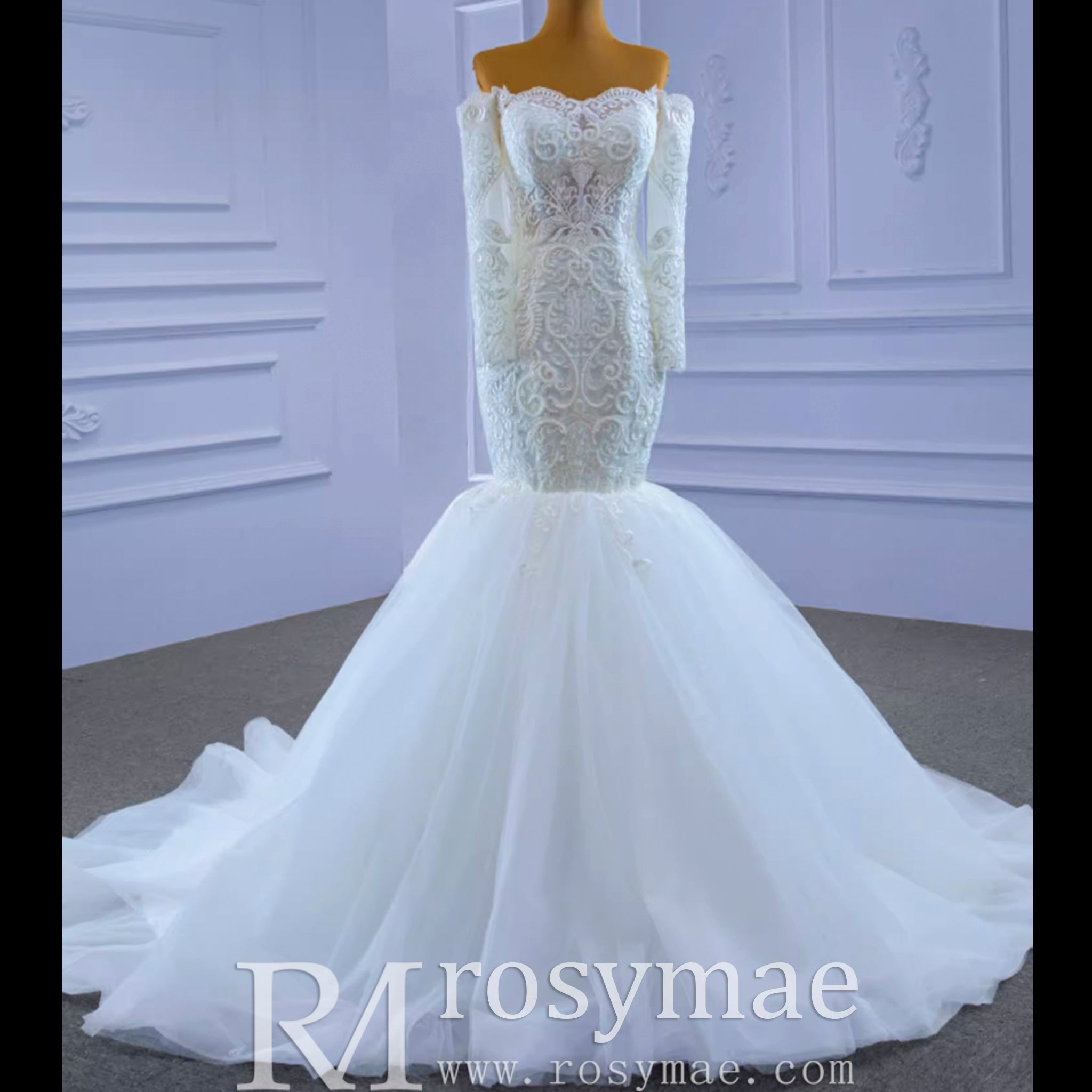 Off Shoulder Long Sleeve Mermaid Wedding Dress Beaded Lace Bridal Dress - Rosymae