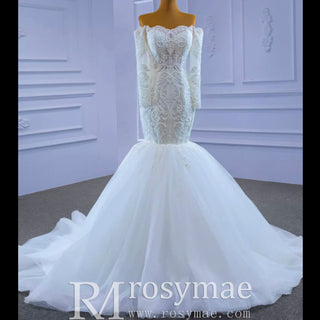 Off Shoulder Long Sleeve Mermaid Wedding Dress Beaded Lace Bridal Dress - Rosymae