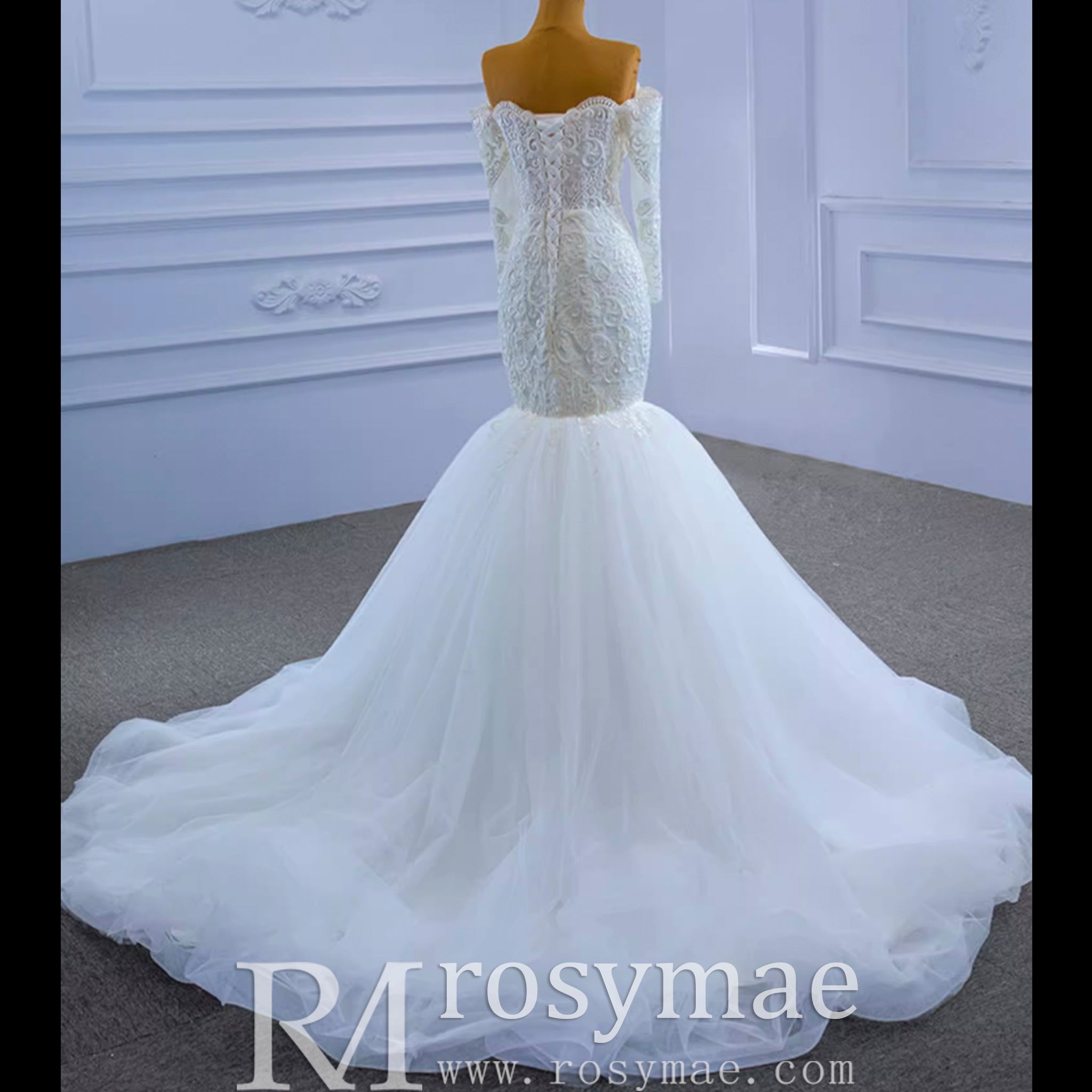 Off Shoulder Long Sleeve Mermaid Wedding Dress Beaded Lace Bridal Dress - Rosymae