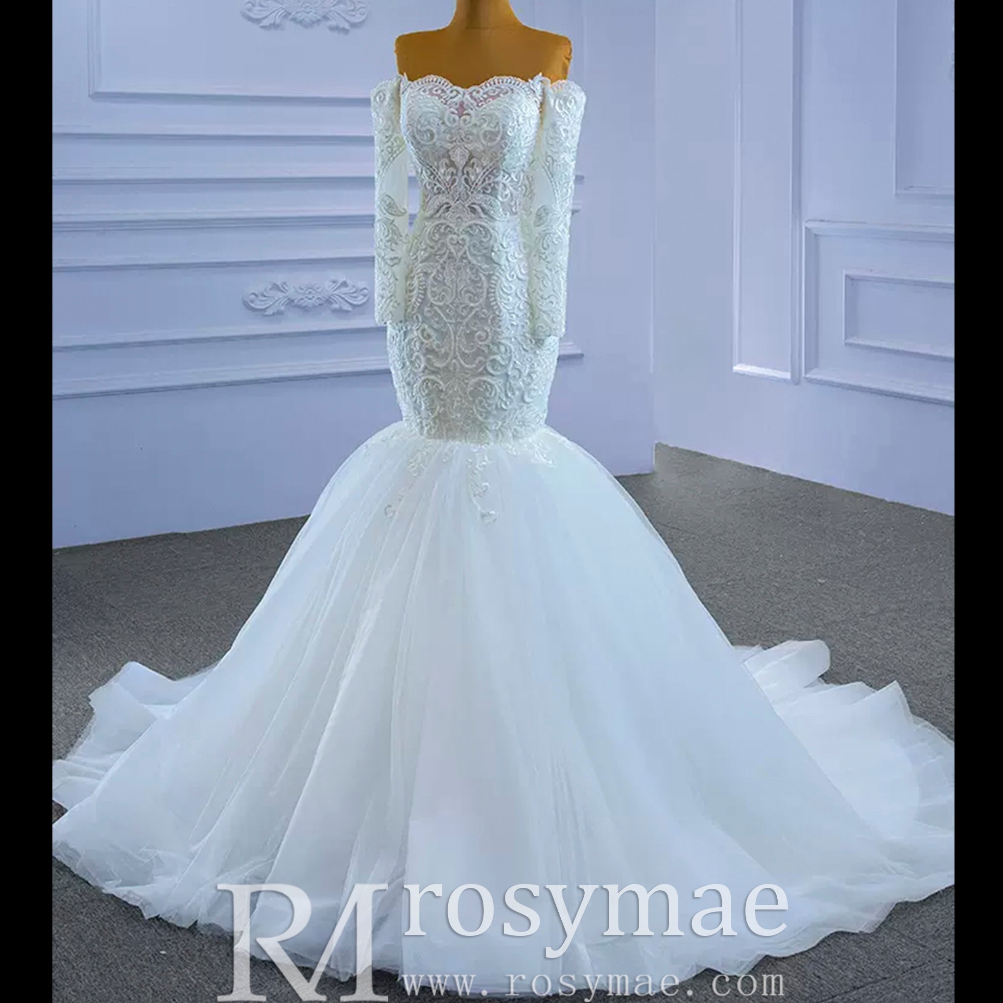 Off Shoulder Long Sleeve Mermaid Wedding Dress Beaded Lace Bridal Dress - Rosymae