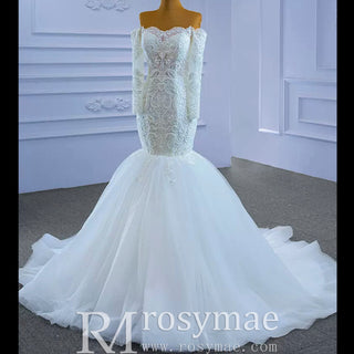 Off Shoulder Long Sleeve Mermaid Wedding Dress Beaded Lace Bridal Dress - Rosymae