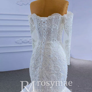 Off Shoulder Long Sleeve Mermaid Wedding Dress Beaded Lace Bridal Dress - Rosymae