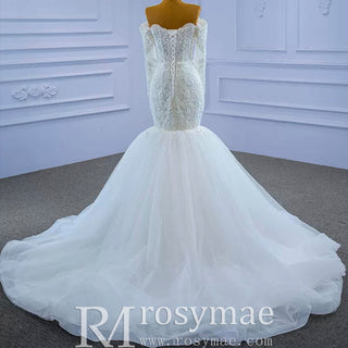 Off Shoulder Long Sleeve Mermaid Wedding Dress Beaded Lace Bridal Dress - Rosymae