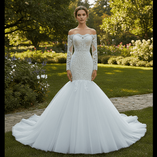 Off Shoulder Long Sleeve Mermaid Wedding Dress Beaded Lace Bridal Dress - Rosymae