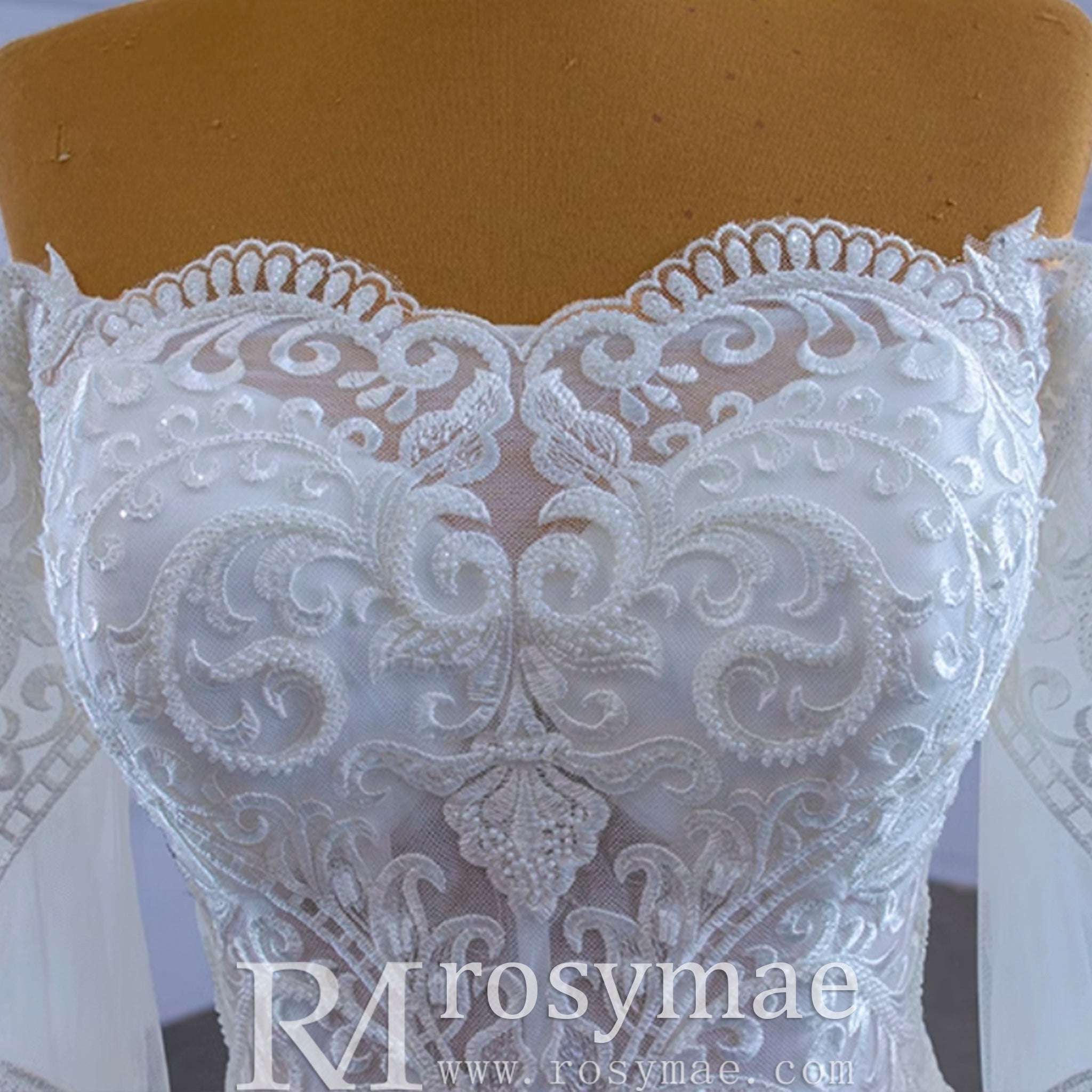 Off Shoulder Long Sleeve Mermaid Wedding Dress Beaded Lace Bridal Dress - Rosymae