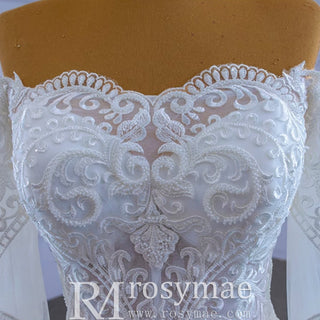Off Shoulder Long Sleeve Mermaid Wedding Dress Beaded Lace Bridal Dress - Rosymae