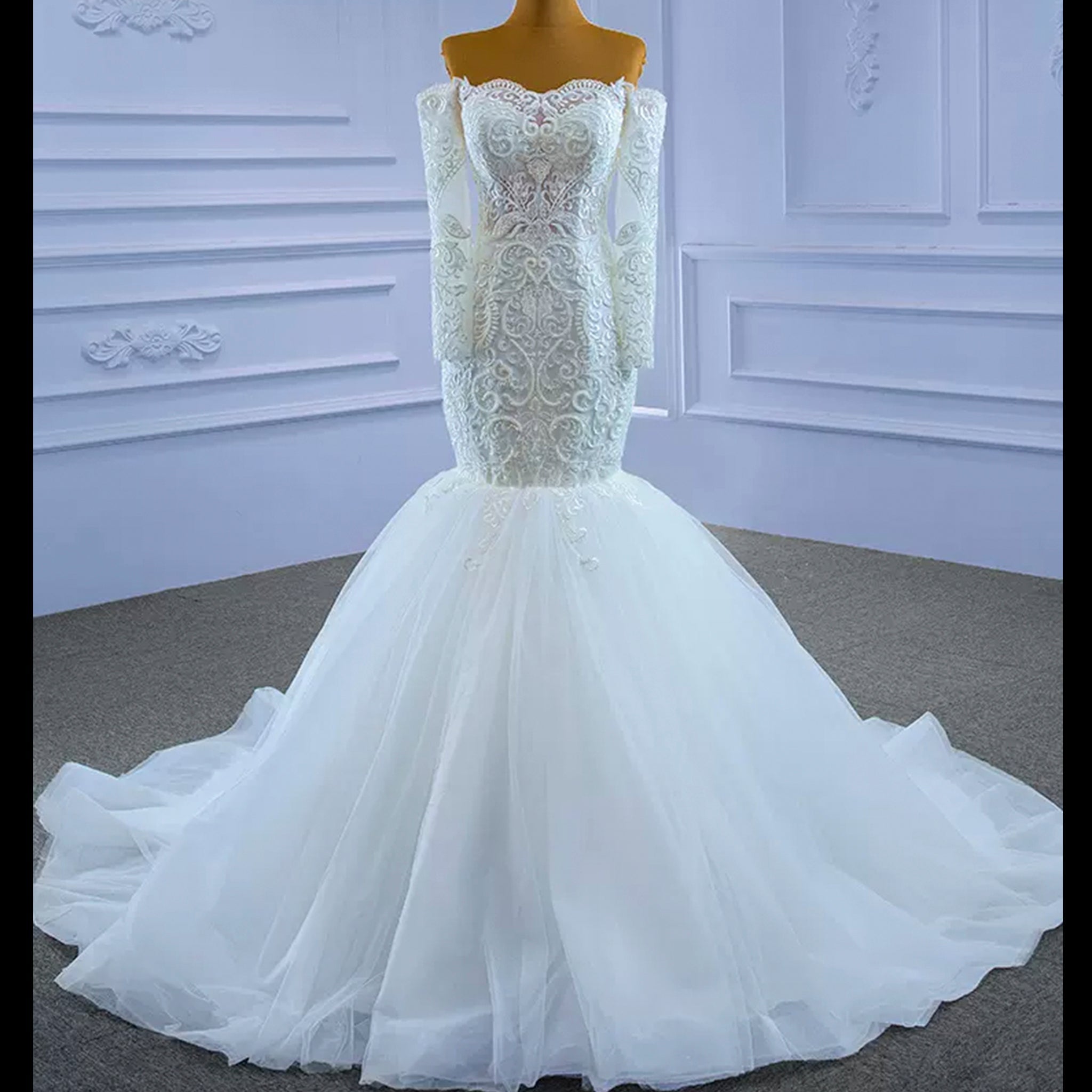 Off Shoulder Long Sleeve Mermaid Wedding Dress Beaded Lace Bridal Dress - Rosymae