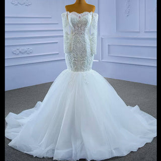 Off Shoulder Long Sleeve Mermaid Wedding Dress Beaded Lace Bridal Dress - Rosymae