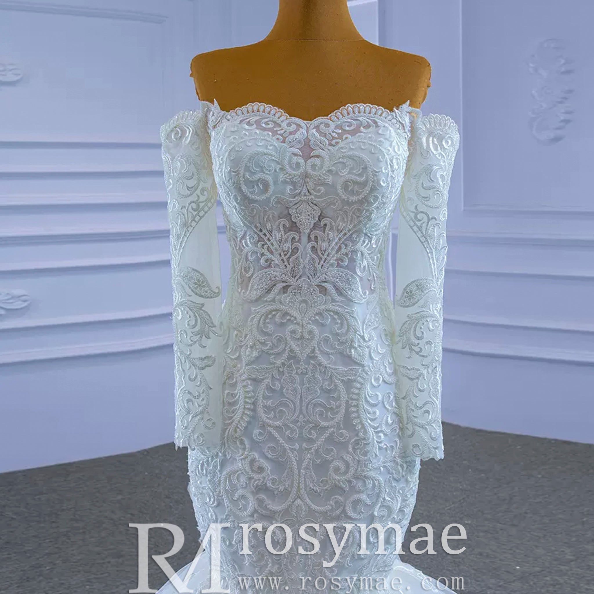 Off Shoulder Long Sleeve Mermaid Wedding Dress Beaded Lace Bridal Dress - Rosymae