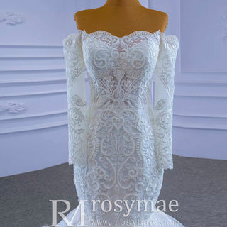 Off Shoulder Long Sleeve Mermaid Wedding Dress Beaded Lace Bridal Dress - Rosymae