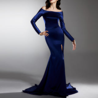 Off Shoulder Long Sleeve Royal Blue Formal Gown with Leg Slit