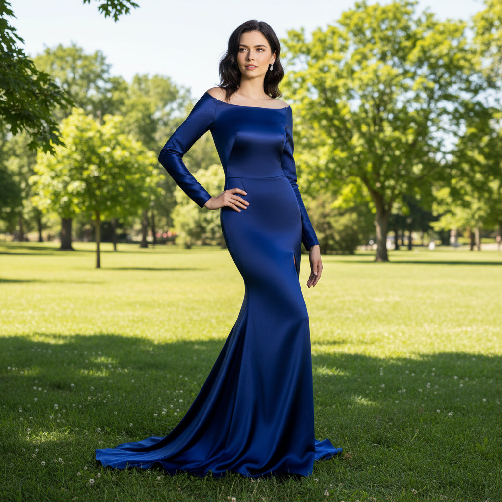 Off Shoulder Long Sleeve Royal Blue Formal Gown with Leg Slit Rosymae Off Shoulder Long Sleeve Royal Blue Formal Gown with Leg Slit Rosymae
