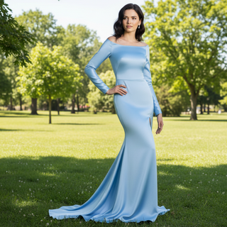 Off Shoulder Long Sleeve Royal Blue Formal Gown with Leg Slit