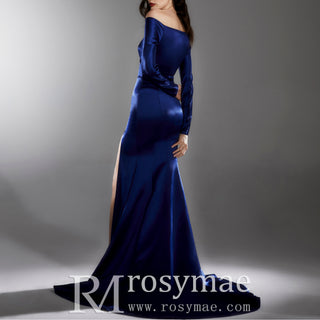 Off Shoulder Long Sleeve Royal Blue Formal Gown with Leg Slit