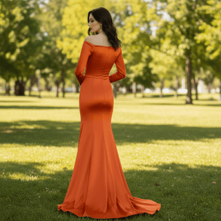 Off Shoulder Long Sleeve Royal Blue Formal Gown with Leg Slit - Rosymae