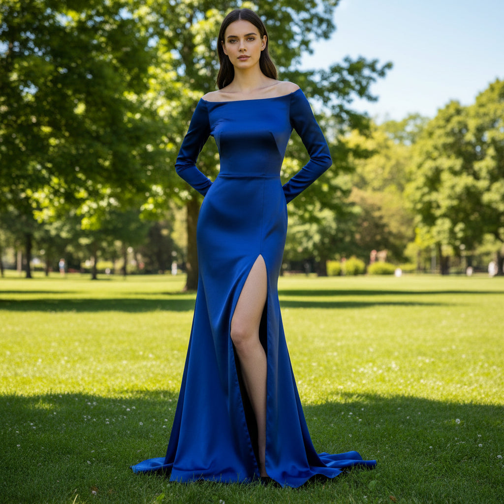Off Shoulder Long Sleeve Royal Blue Formal Gown with Leg Slit Rosymae Off Shoulder Long Sleeve Royal Blue Formal Gown with Leg Slit Rosymae