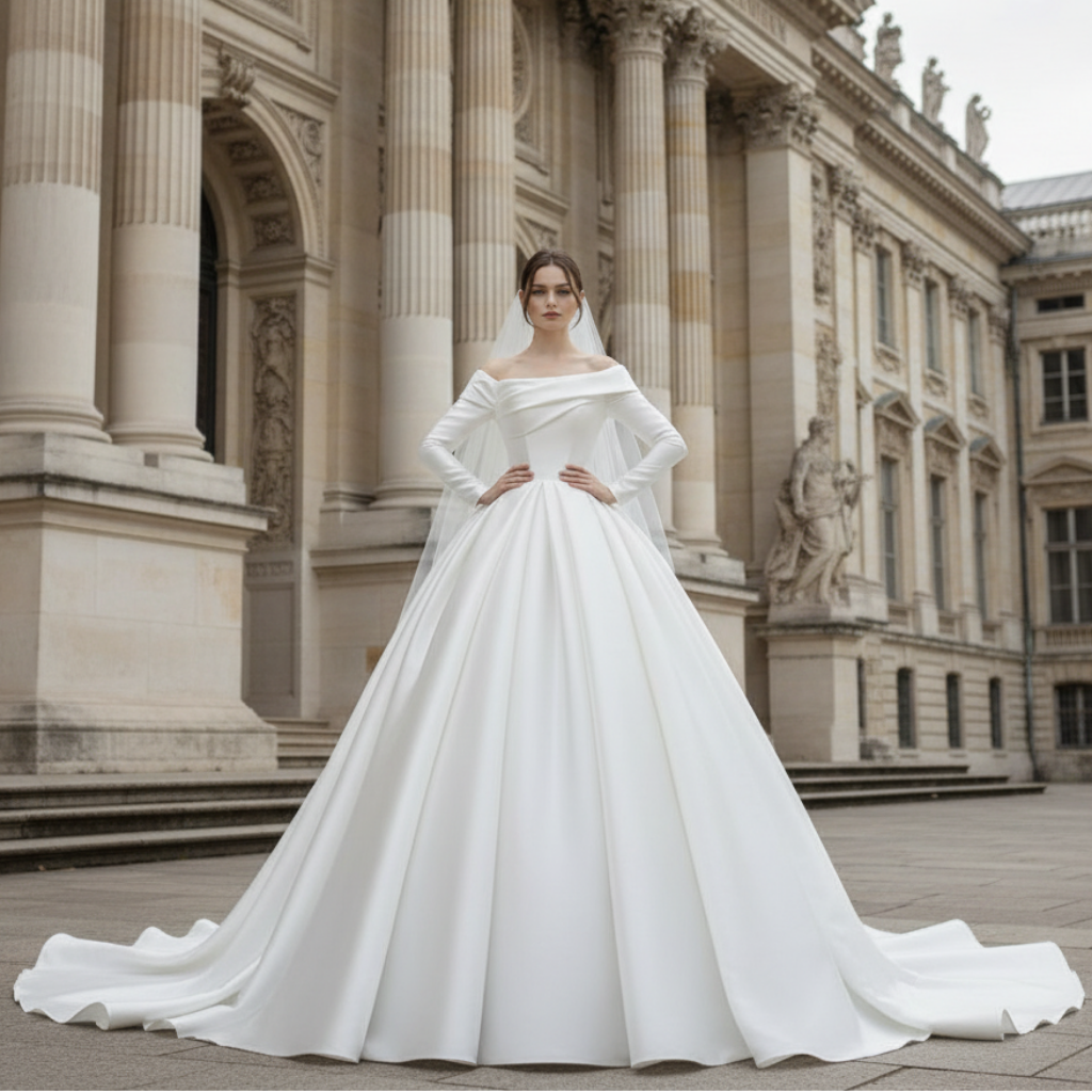 Satin Off-Shoulder Long Sleeve Wedding Dresses Bridal Gowns Rosymae Satin Off-Shoulder Long Sleeve Wedding Dresses Bridal Gowns Rosymae
