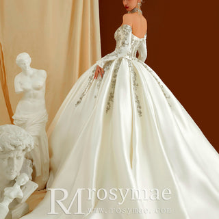 Luxury Crystals Ball Gown Wedding Dress with Off Shoulder Long Sleeve