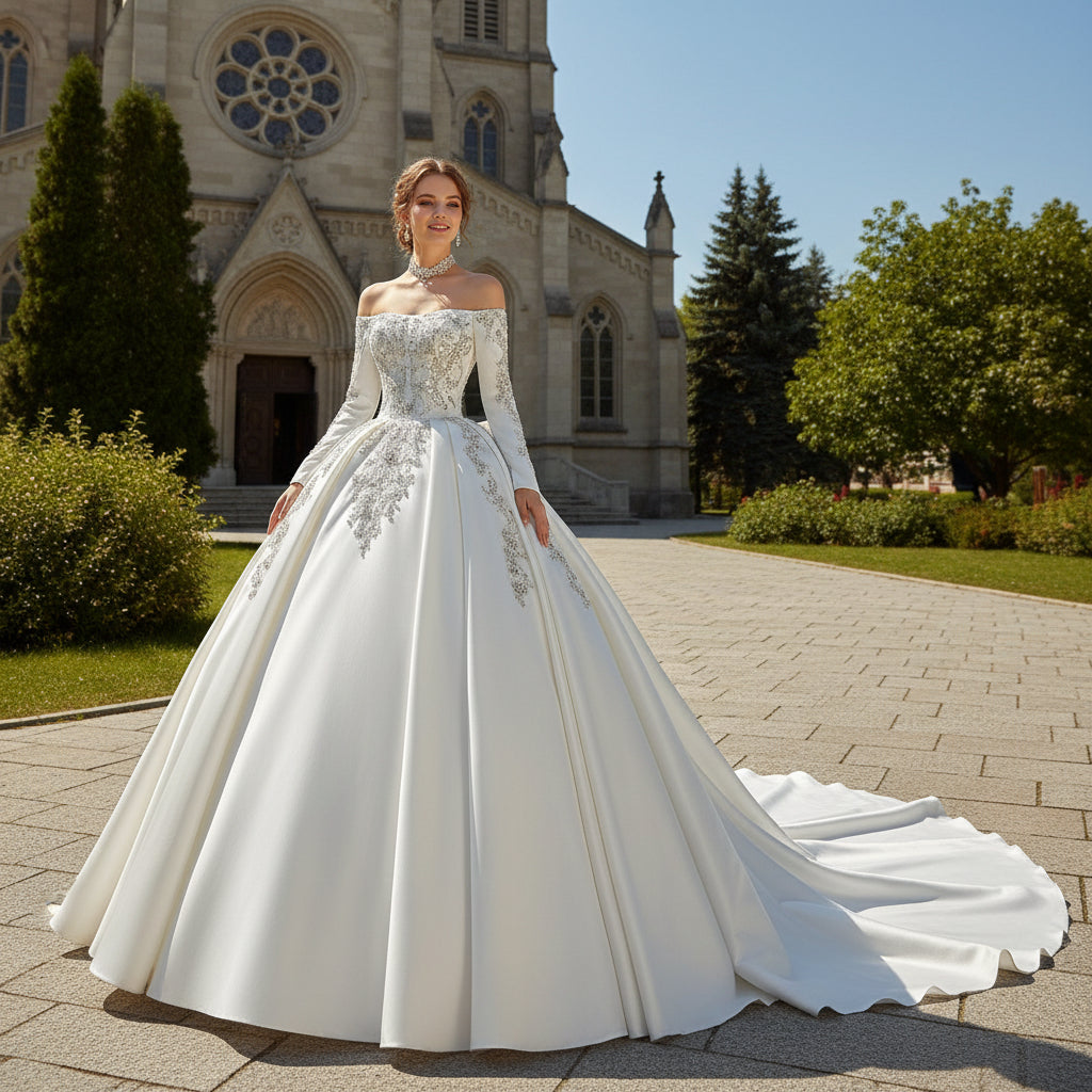 A-line Off Shoulder Half Sleeve Lace Tulle Bridal Wedding Dress, Beaded main image 1