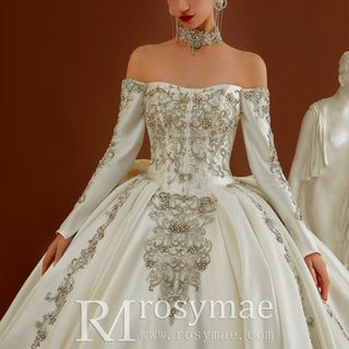 Luxury Crystals Ball Gown Wedding Dress with Off Shoulder Long Sleeve