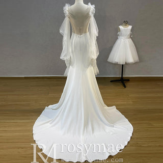 Off-Shoulder Long Sleeve Satin Boho Wedding Dress - Rosymae