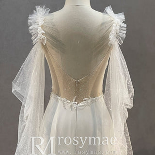 Off-Shoulder Long Sleeve Satin Boho Wedding Dress - Rosymae