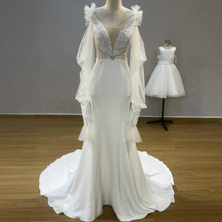 Off-Shoulder Long Sleeve Satin Boho Wedding Dress - Rosymae