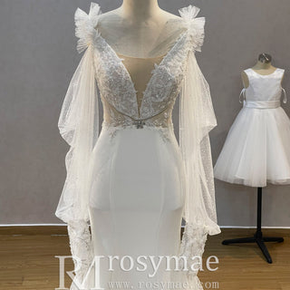 Off-Shoulder Long Sleeve Satin Boho Wedding Dress - Rosymae