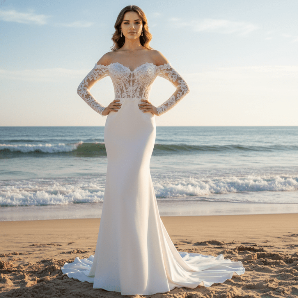 Off Shoulder Long Sleeve Satin Bridal Gowns Wedding Dresses - Rosymae