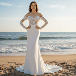 Off Shoulder Long Sleeve Satin Bridal Gowns Wedding Dresses - Rosymae