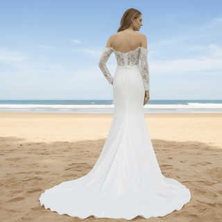 Off Shoulder Long Sleeve Satin Bridal Gowns Wedding Dresses - Rosymae