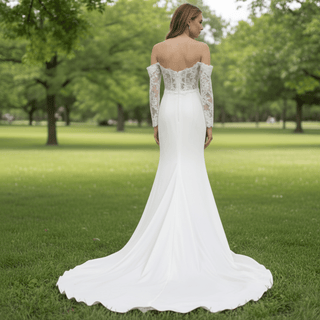 Off Shoulder Long Sleeve Satin Bridal Gowns Wedding Dresses - Rosymae