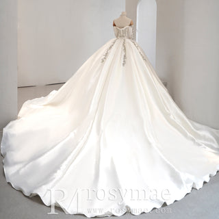 Off the Shoulder Long Sleeve Satin Wedding Dress with Puffy Skirt